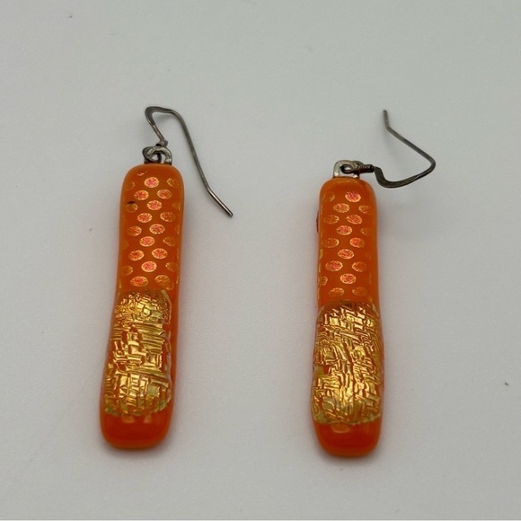 Sterling Silver 925 Hook Orange Resin Dangle Earrings with Gold Tone Flakes - Picture 5 of 8